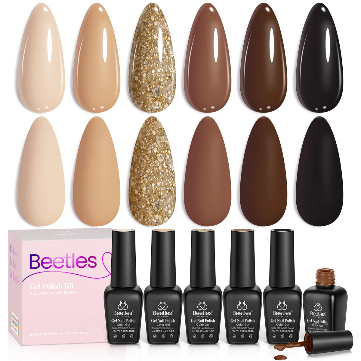 beetles front packaging showing six brown gel polish bottles and collection label for gift-ready presentation