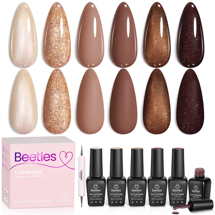 beetles front packaging showing six brown gel polish bottles and kit benefits
