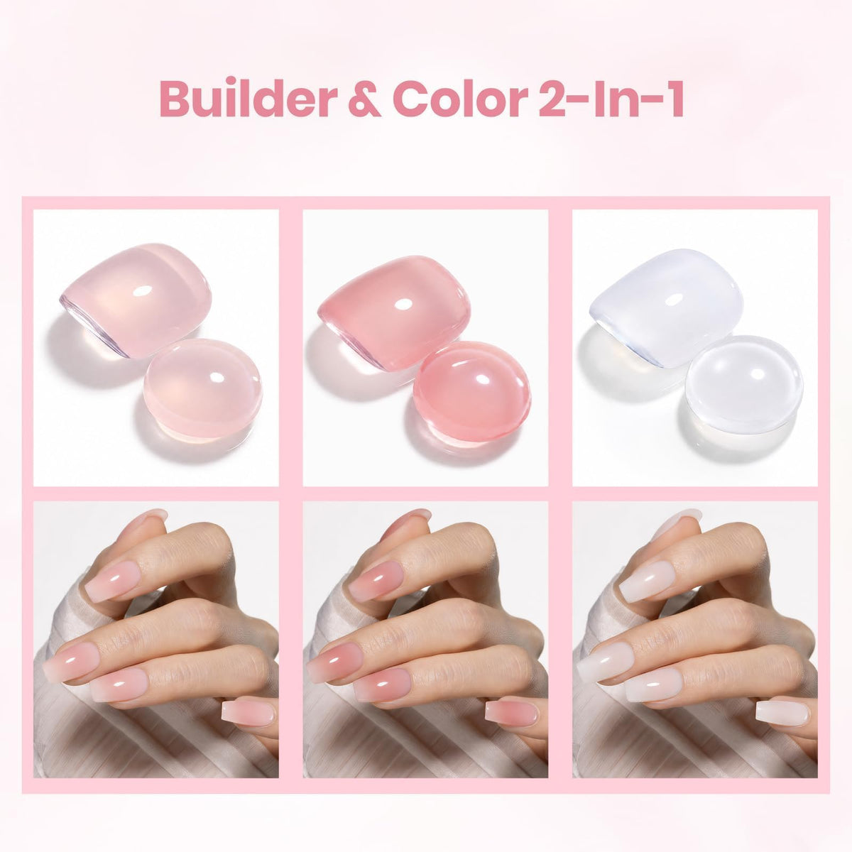 beetles builder gel color swatches on hand showing natural pink and milky white shades