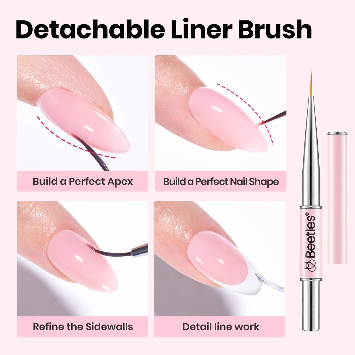 beetles builder gel finished nail closeup displaying glossy pink finish benefit: natural-looking strength