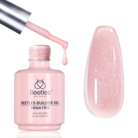 beetles builder gel front bottle showing glitter pink shade and label for clear identification
