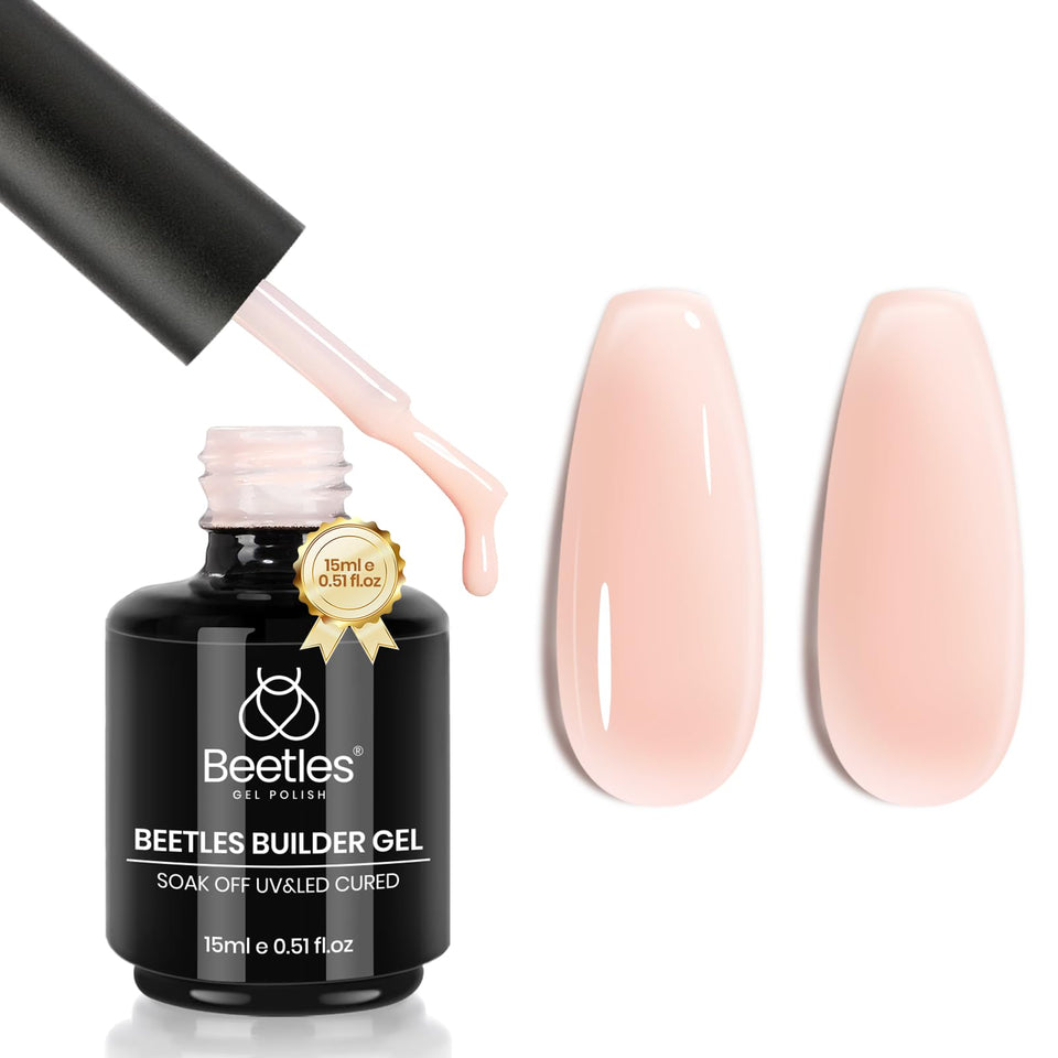 beetles Builder Gel front bottle showing size and jelly nude tint for easy sculpting