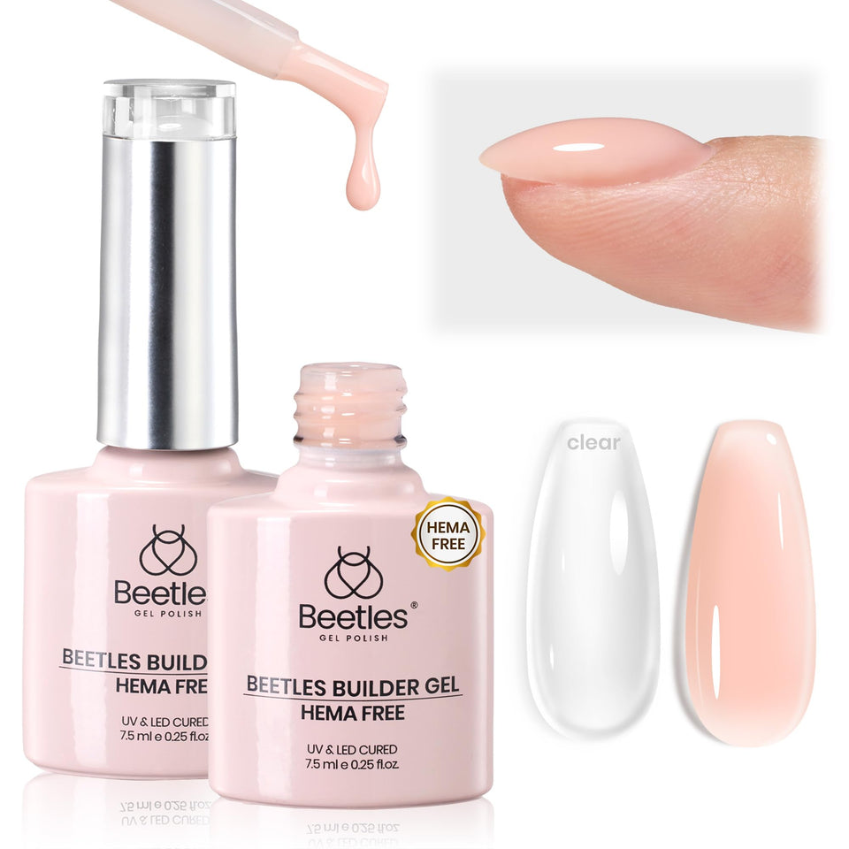 Beetles Gel builder gel front packaging showing two bottles, clear benefit