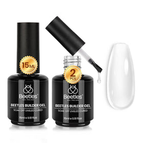 Beetles builder gel front packaging showing two clear 15ml bottles for salon-quality results