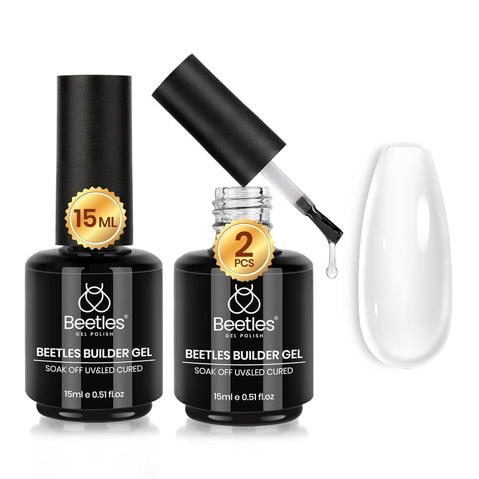 Beetles builder gel front packaging showing two clear 15ml bottles for salon-quality results