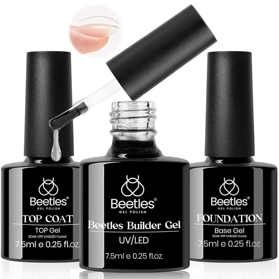 beetles builder gel front packaging showing the three 7.5ml bottles and clear labels for easy identification