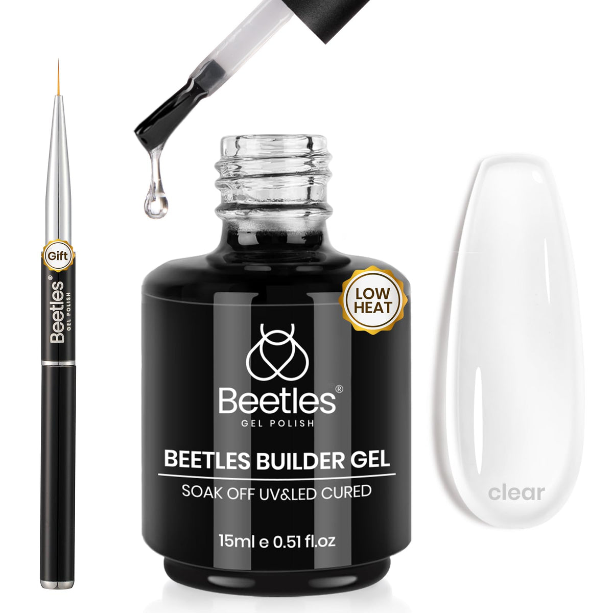 Beetles Gel Polish front packaging showing clear builder gel and benefits