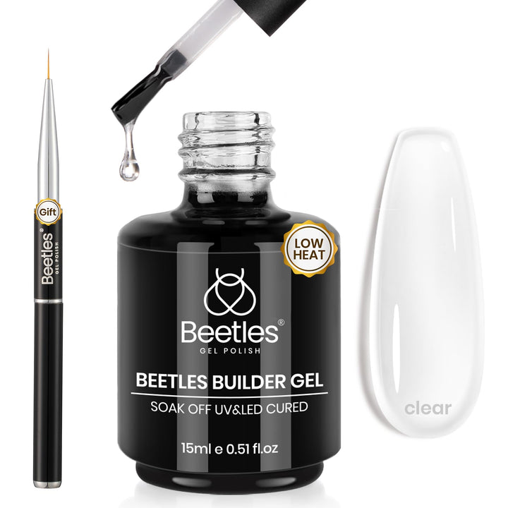 Beetles Gel Polish front packaging showing clear builder gel and benefits