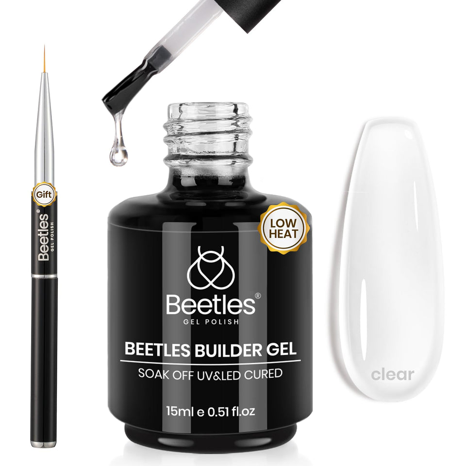 Beetles Gel Polish front packaging showing clear builder gel and benefits