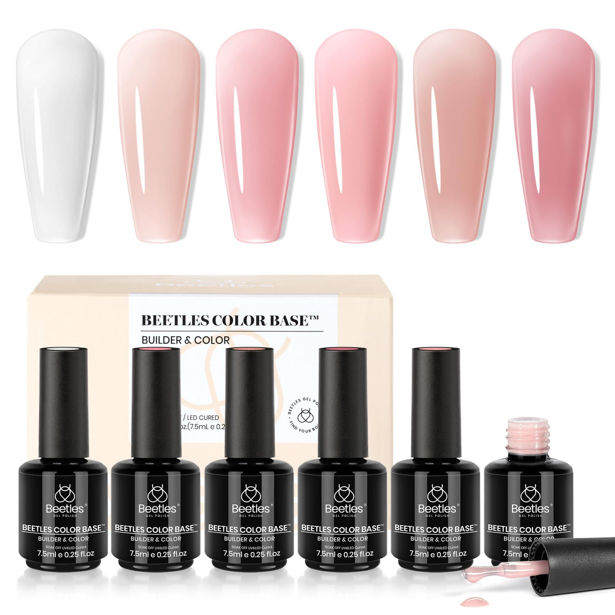 beetles builder gel front packaging showing six nude shades and benefits
