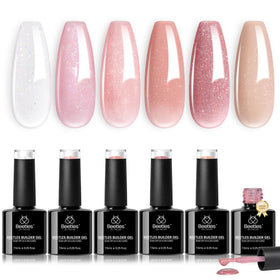 Beetles Builder Gel front packaging showing six glitter bottles and branding, highlights variety