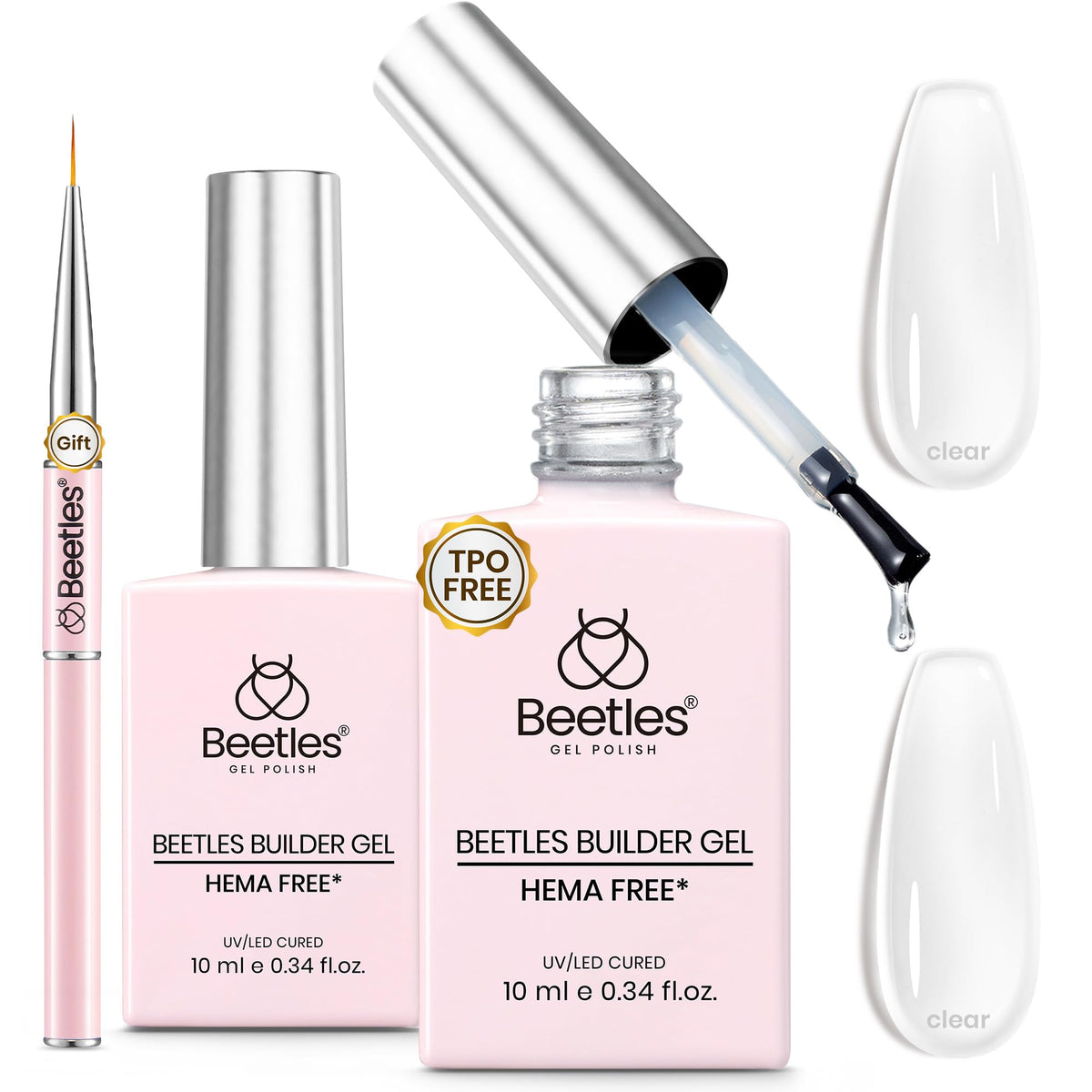 Beetles builder gel front packaging showing two clear bottles and brush for easy application