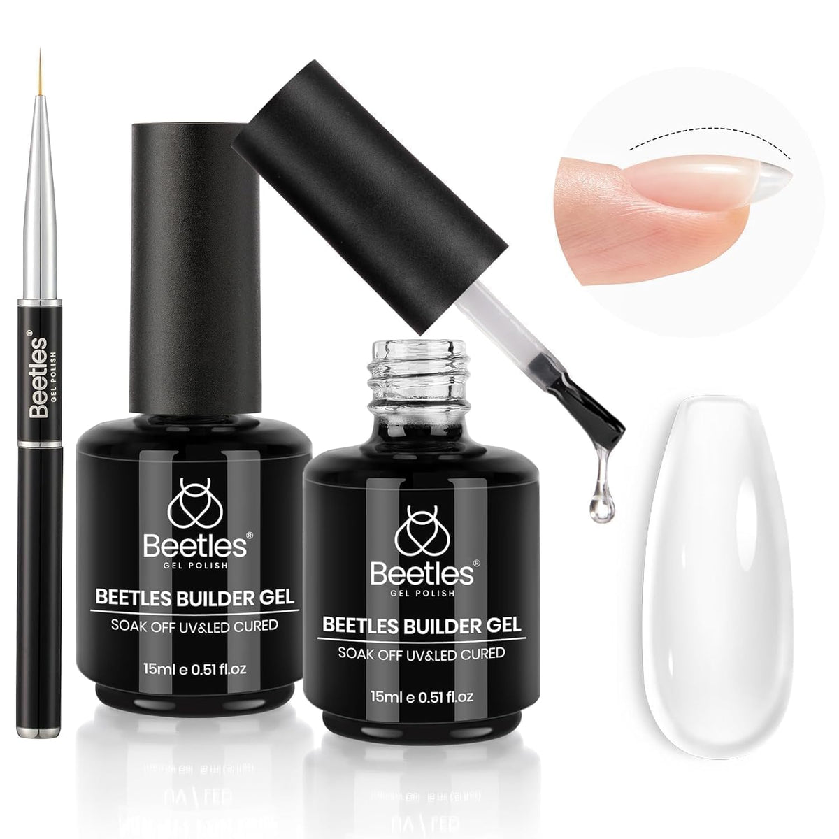 beetles builder gel front packaging showing two bottles and brush for easy salon use