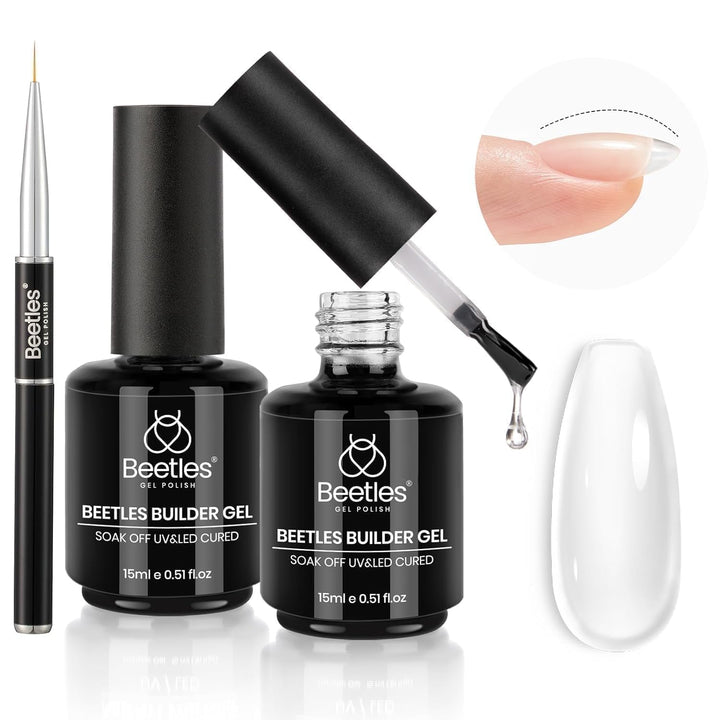 beetles builder gel front packaging showing two bottles and brush for easy salon use