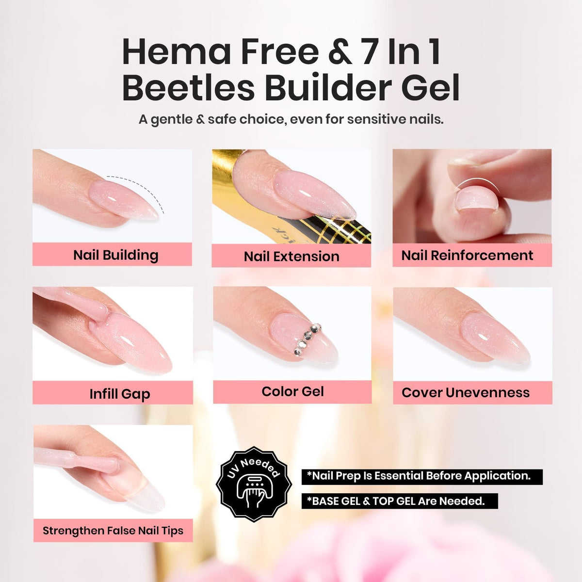 beetles builder gel on nail tip illustrating smooth coverage and extension potential