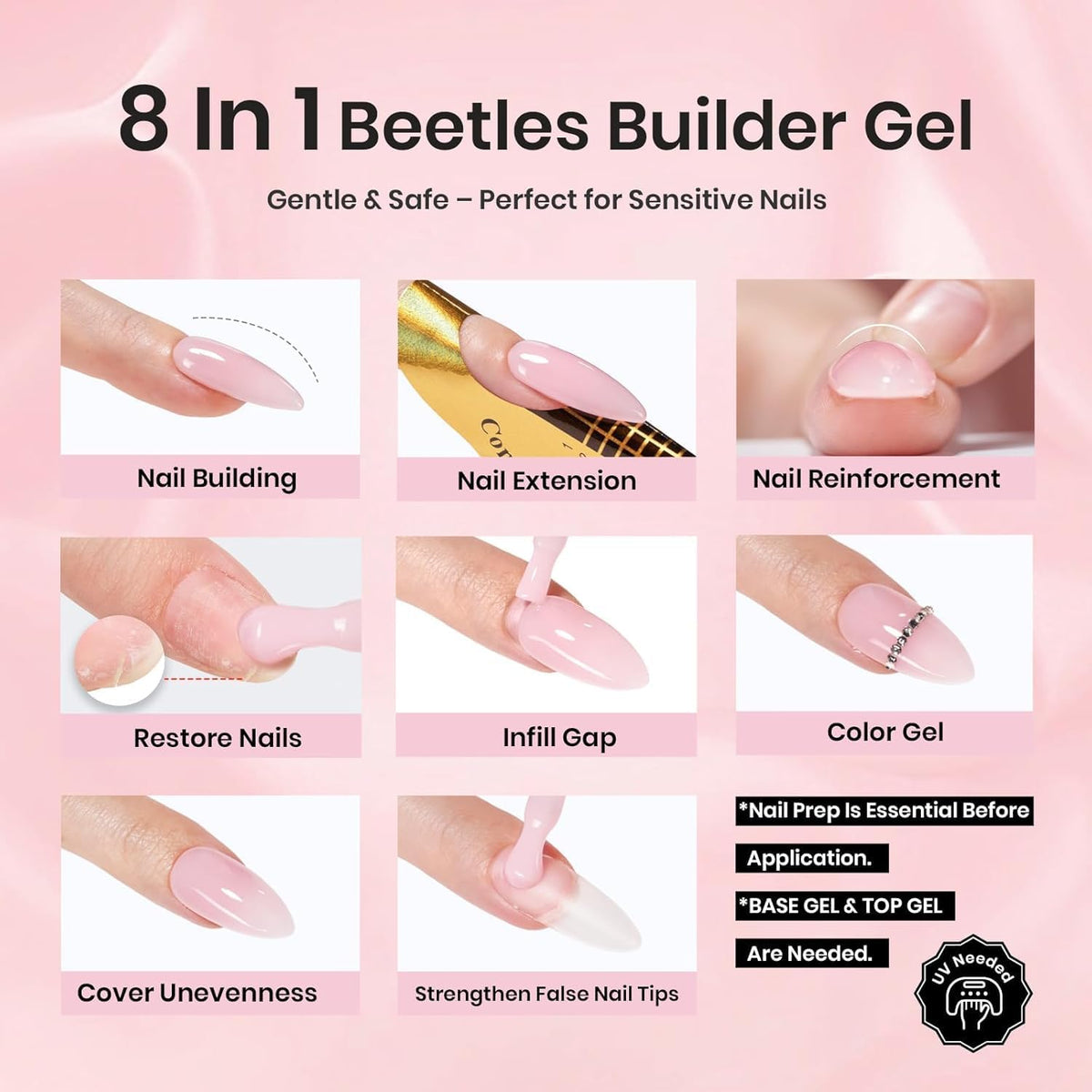 beetles builder gel packaging label showing HEMA-free claim and safety benefit