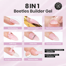 Beetles builder gel shown next to fingertips for scale to help choose correct application amount
