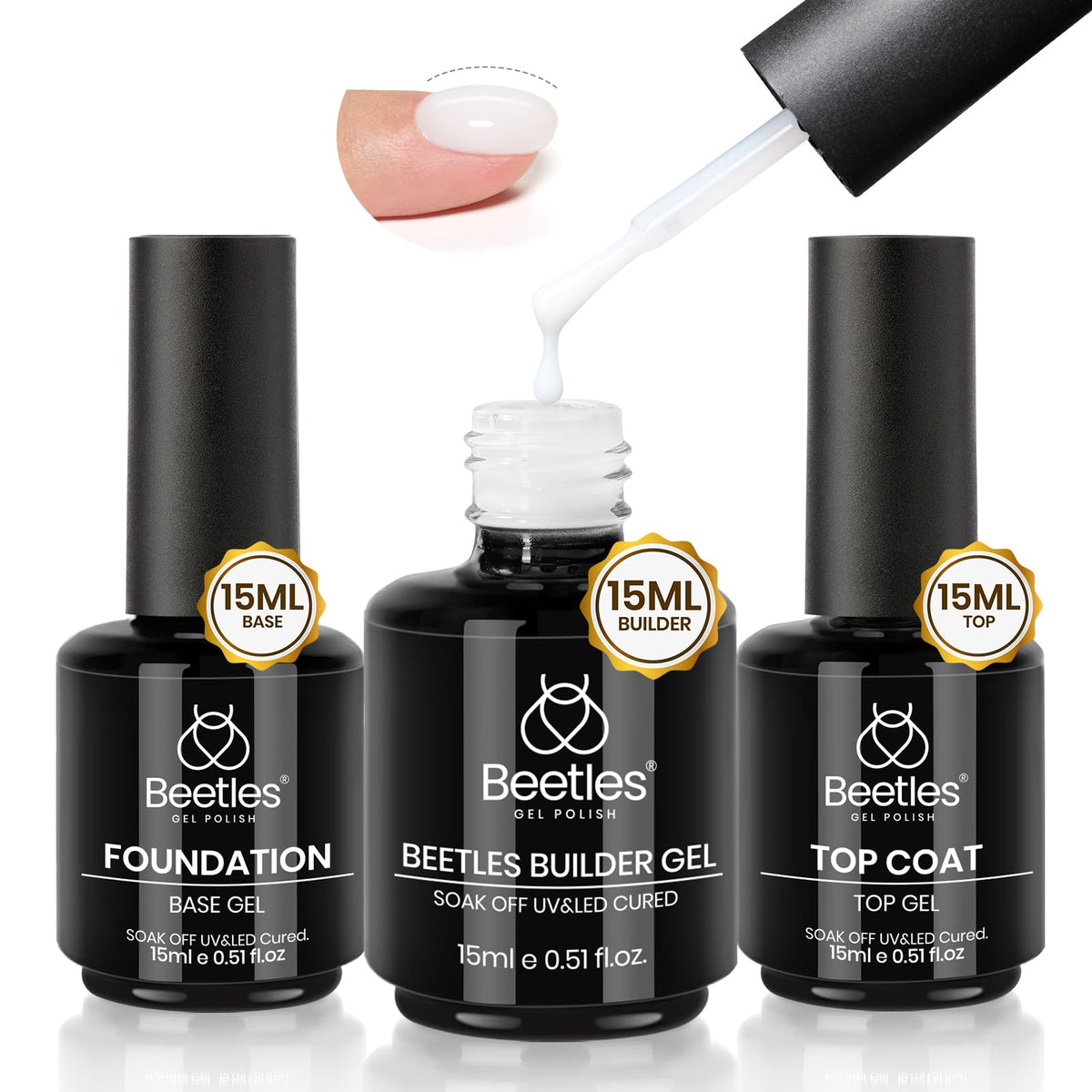 Beetles builder gel set front packaging showing three 15ml bottles for complete nail system
