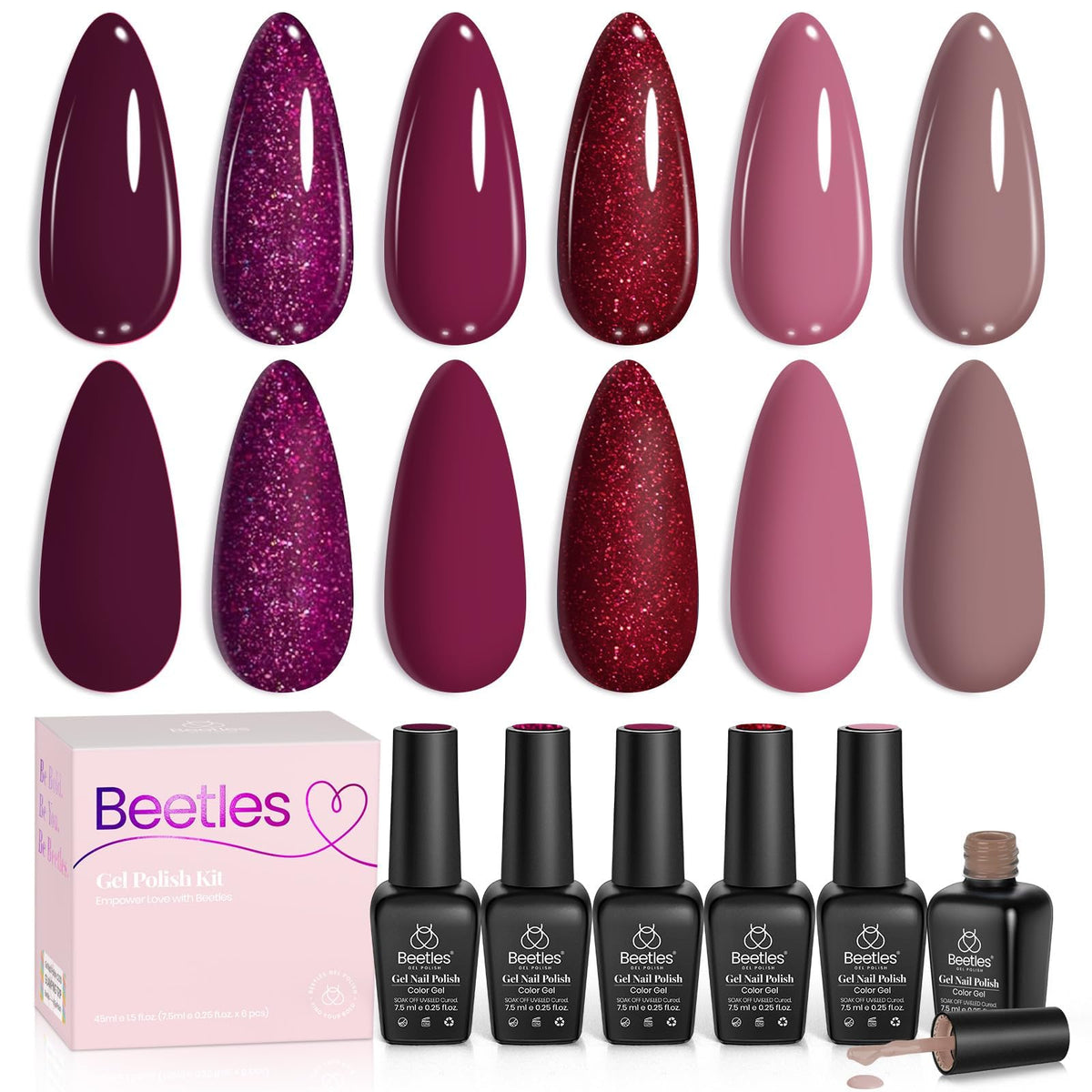 beetles bottle front packaging showing six burgundy shades and gift-ready box