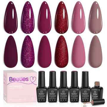 beetles bottle front packaging showing six burgundy shades and gift-ready box