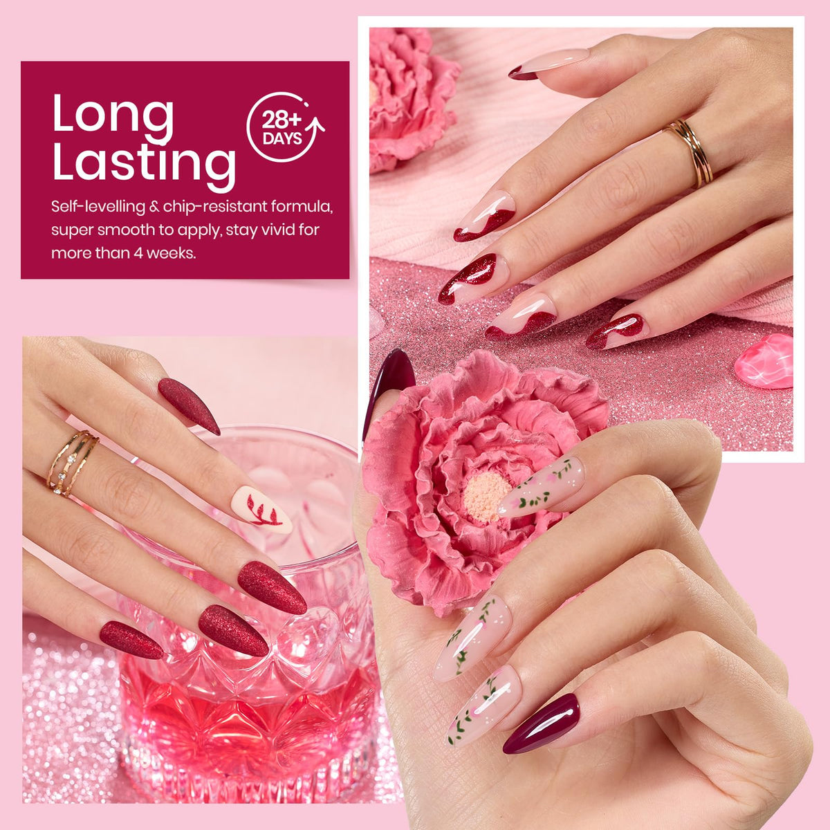 beetles swatches painted on fingertips showing wearable berry-to-plum finishes