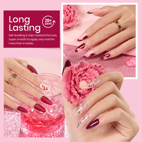 beetles swatches painted on fingertips showing wearable berry-to-plum finishes