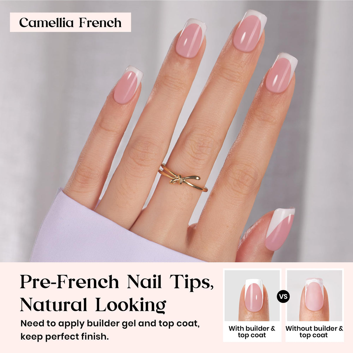 Beetles close-up of white French tip and pink base highlighting neat finish