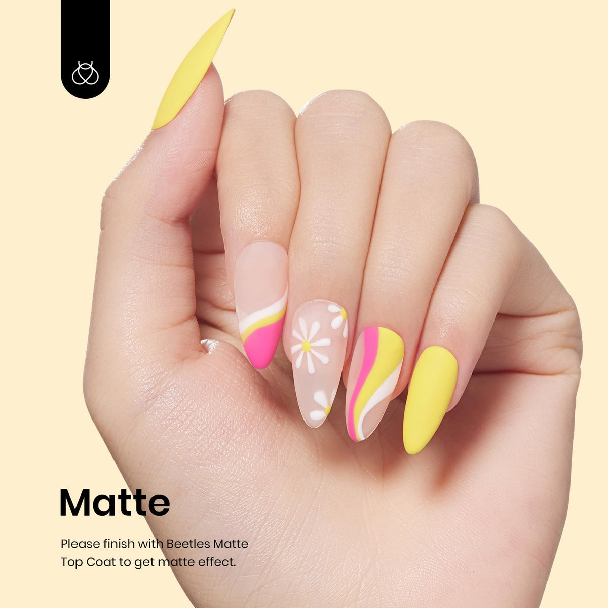 beetles polished nails on a model hand showcasing vivid canary yellow lasting shine