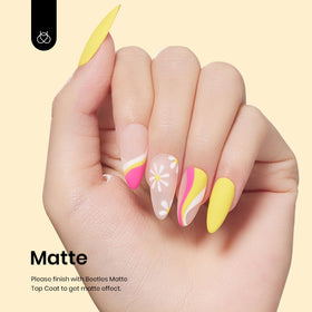 beetles polished nails on a model hand showcasing vivid canary yellow lasting shine