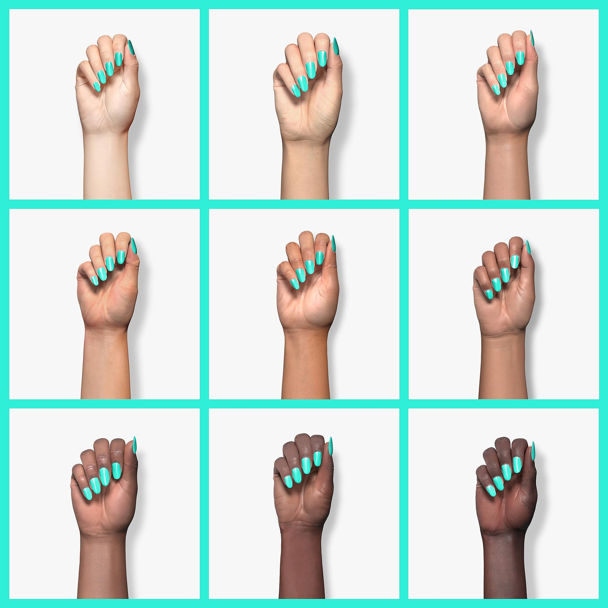 Model hands wearing Beetles Cascade Green showcasing manicure longevity and glossy finish benefit