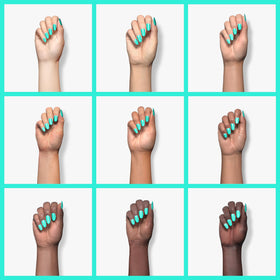 Model hands wearing Beetles Cascade Green showcasing manicure longevity and glossy finish benefit