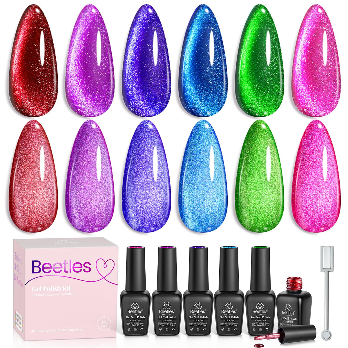 beetles cat eye front packaging showing six neon bottles and magnet - easy vibrant manicure