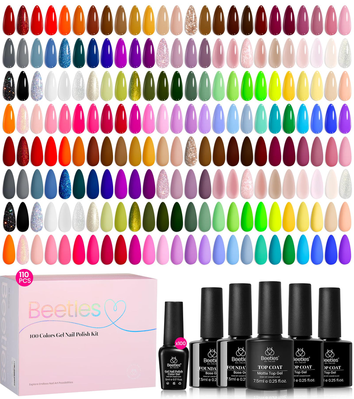 beetles front packaging displaying 100 gel polish bottles and box, great for variety