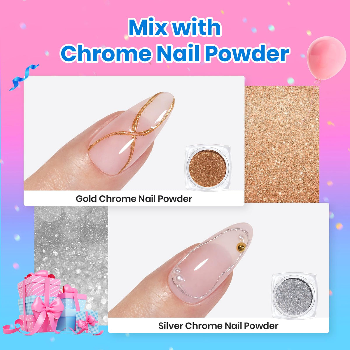 Beetles chrome powder being applied to gel for mirror-like nail effect