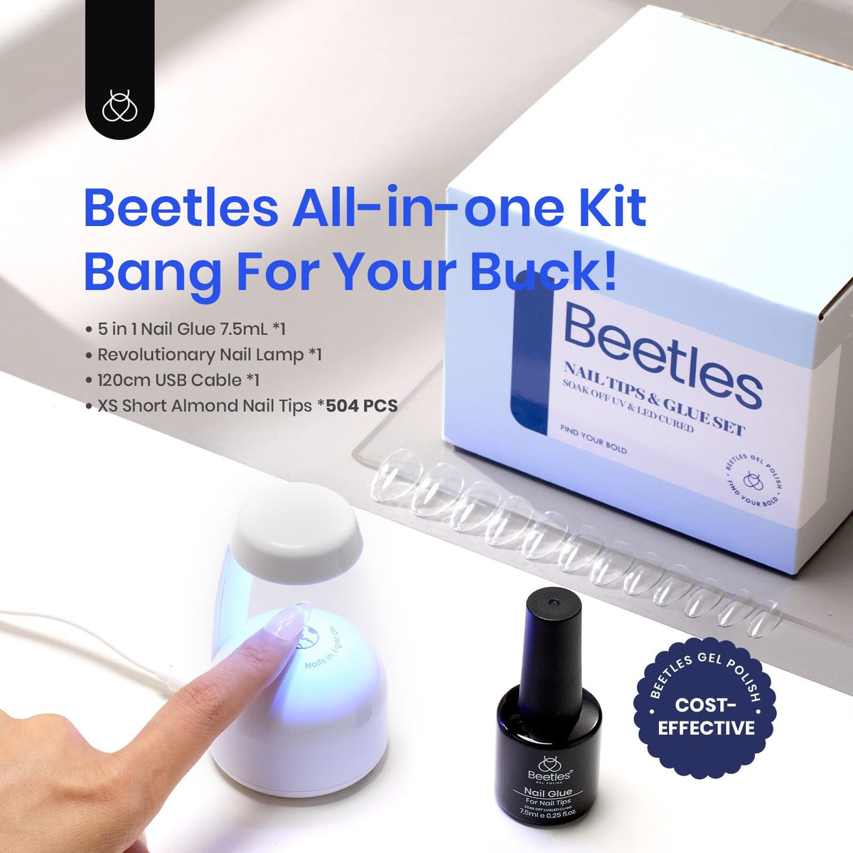 beetles gel polish clear almond tips spread showing quantity and shape