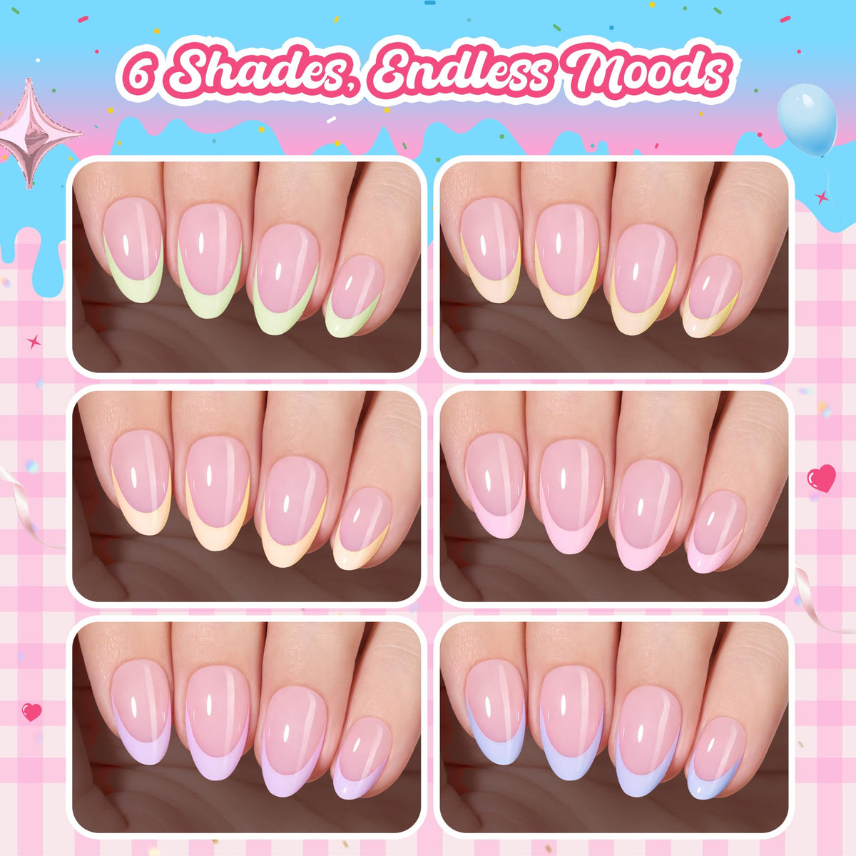 Beetles close-up of short almond shape nails, clear view for fit and style