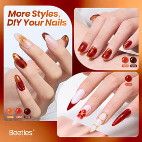 beetles closeup brush stroke of amber shade showing smooth application and glossy finish