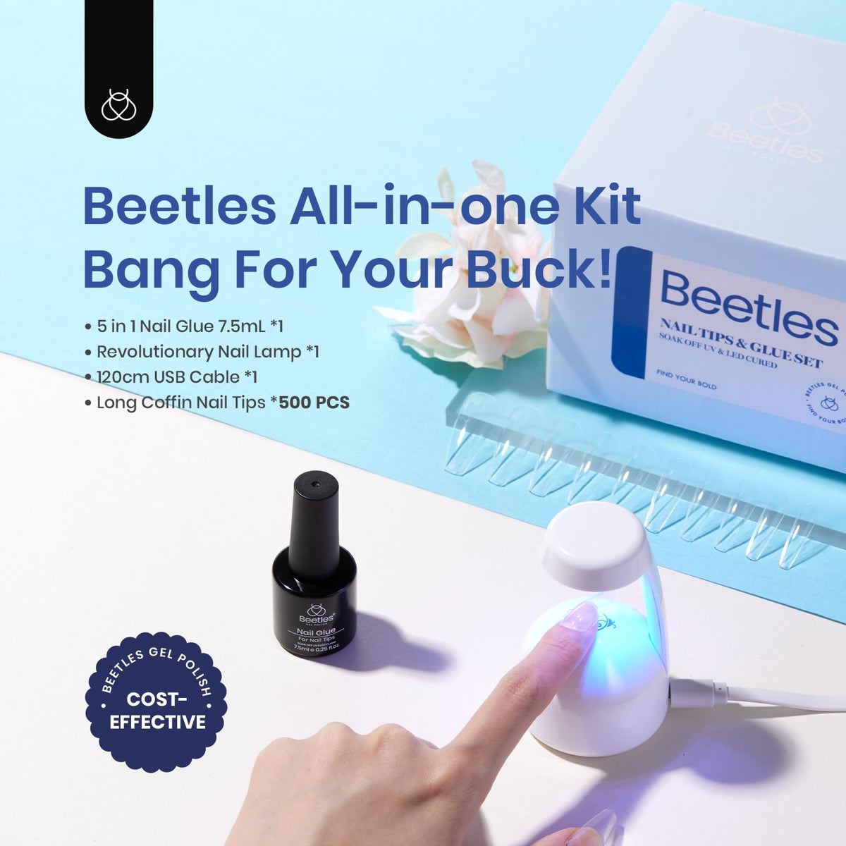 Beetles close-up of 500 coffin nail tips showing organized sizes and fit