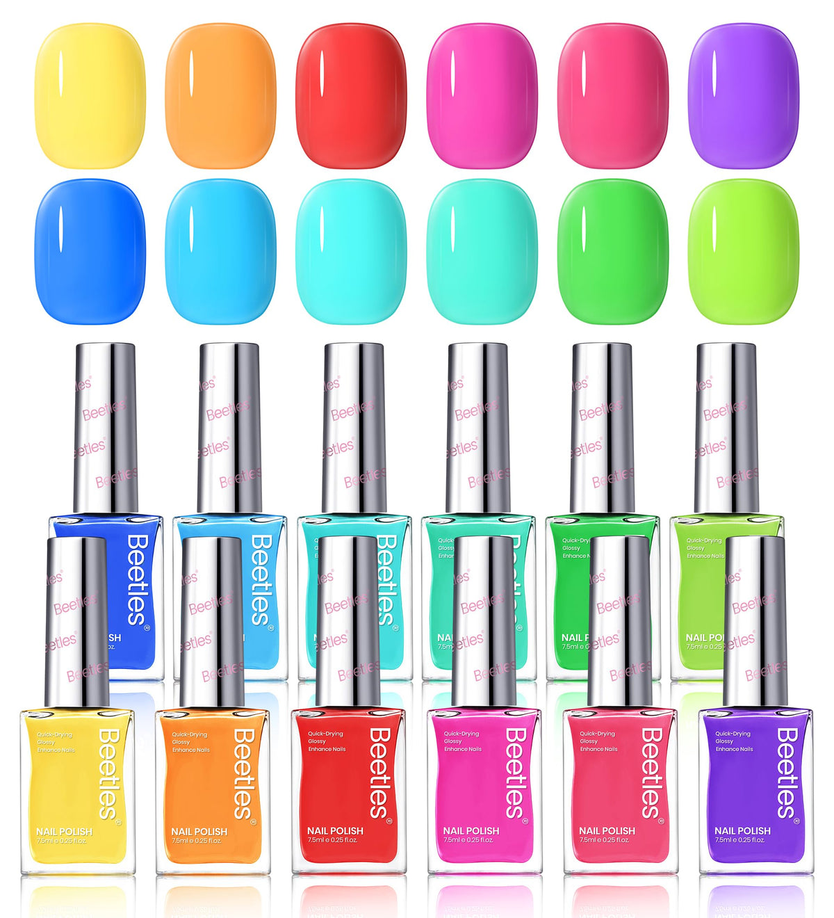Beetles front packaging showing 12 neon polish bottles and colorful branding