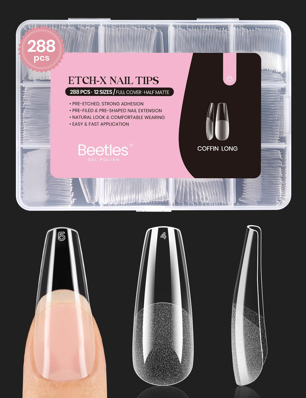 beetles Gel Polish front packaging showing 288-piece coffin tips, clear kit benefit