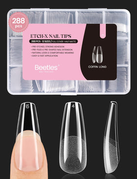 beetles Gel Polish front packaging showing 288-piece coffin tips, clear kit benefit