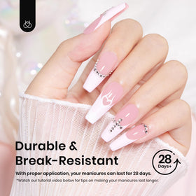 beetles Gel Polish styled mani on model showing coffin shape, salon look benefit