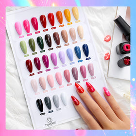 beetles color array flatlay with 36 mini gel bottles illustrating shade variety