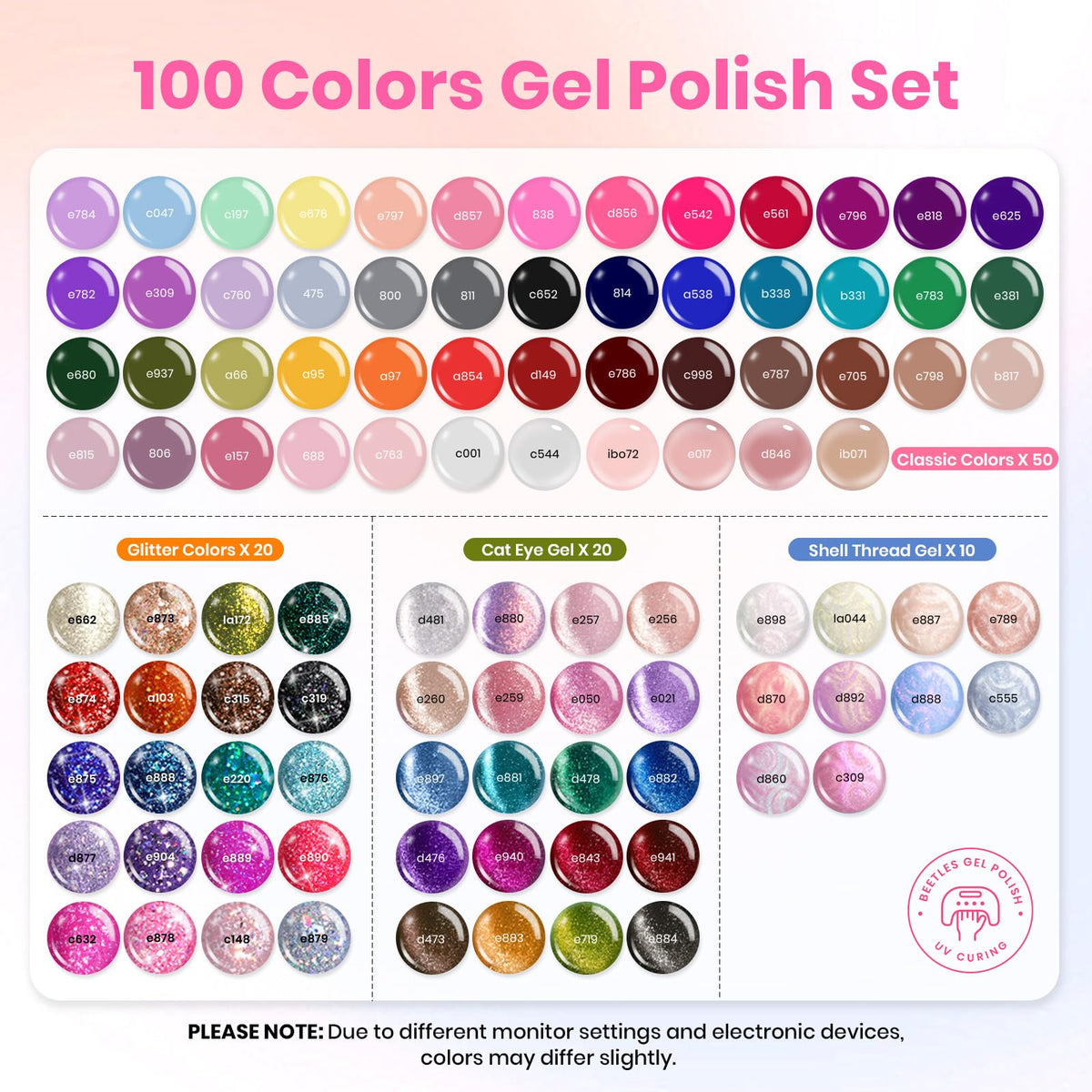 beetles color array flatlay displaying 100 shades for seasonal looks