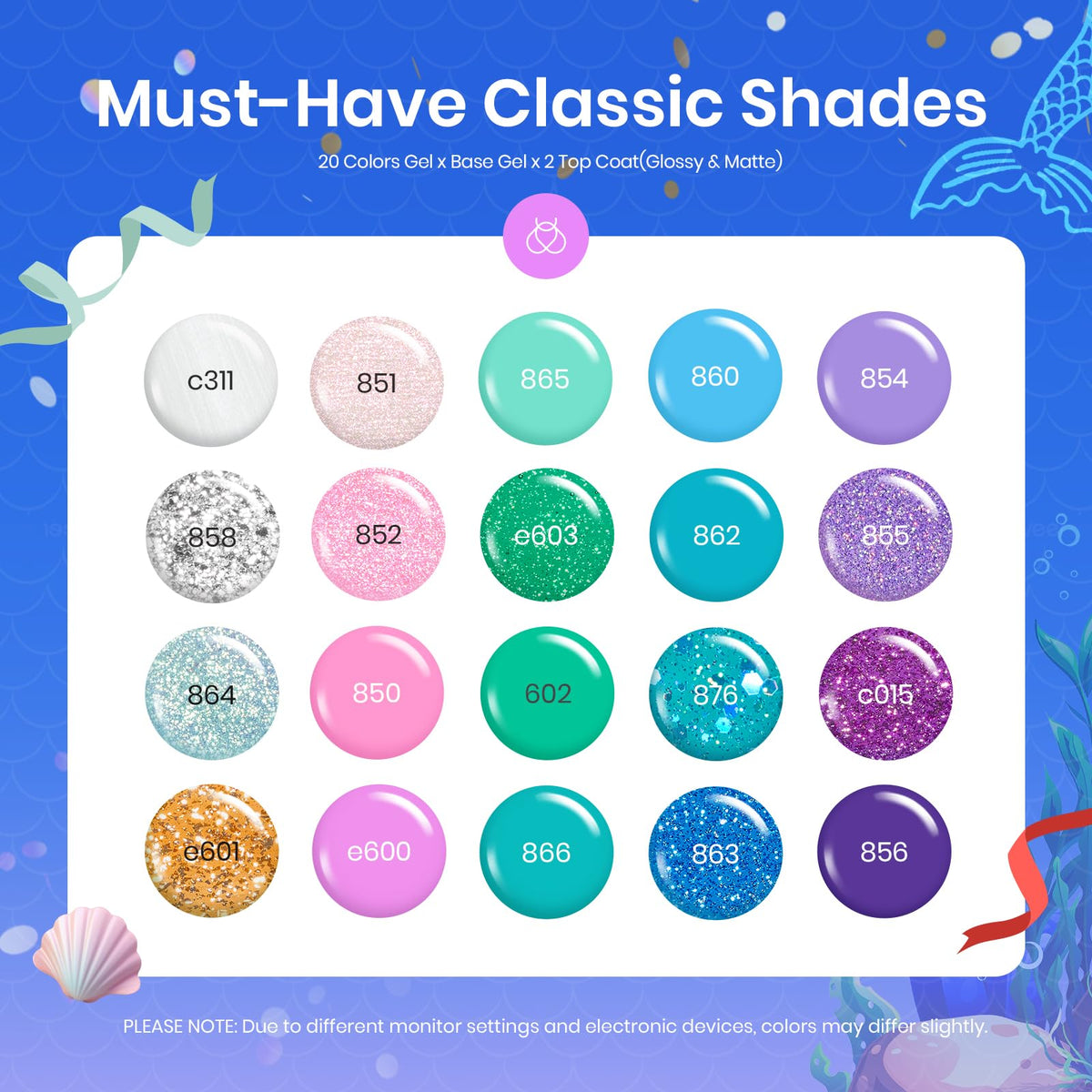 Beetles color array top view displaying 20 shades for easy selection