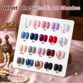 Beetles lineup of 20 mini gel polish bottles displaying diverse shades