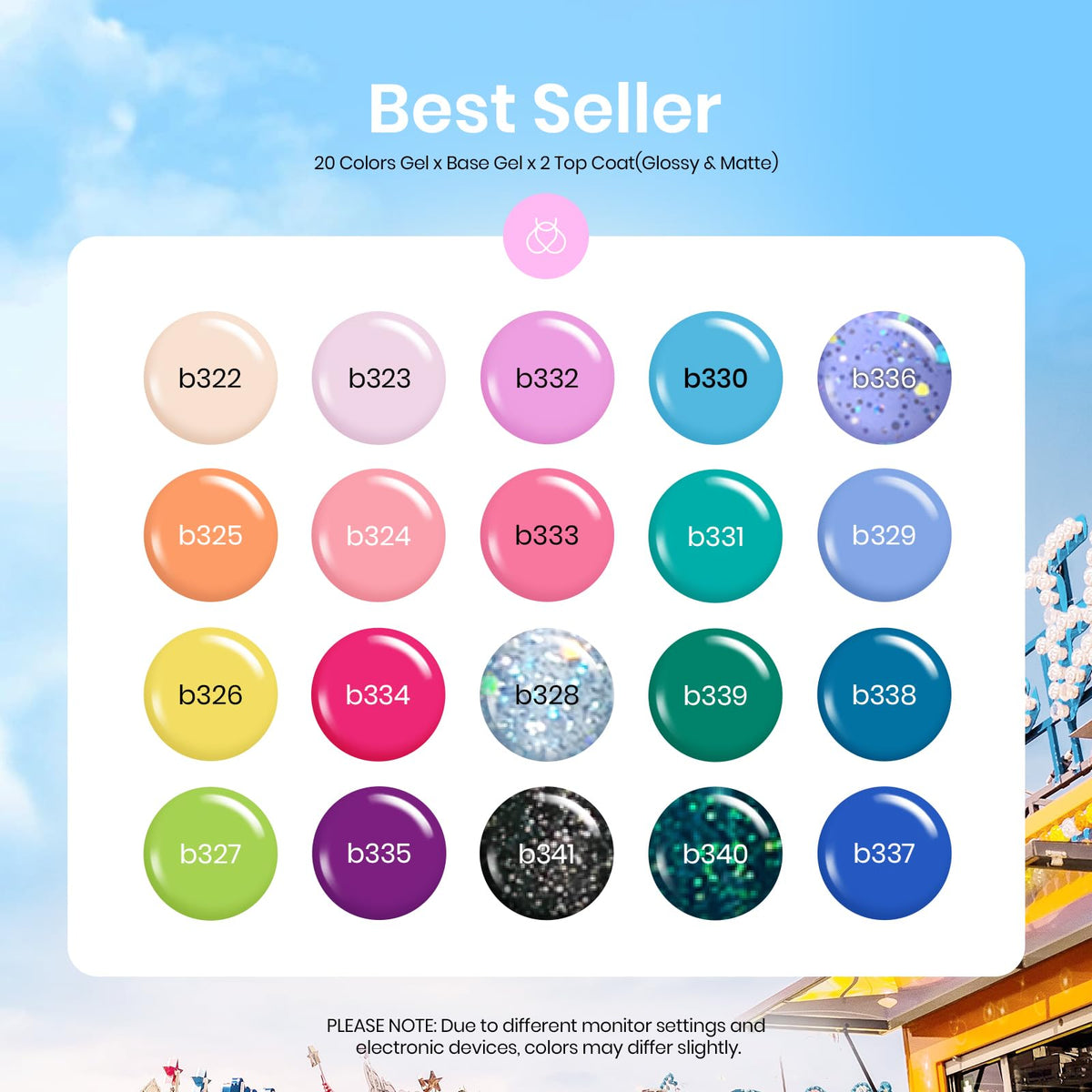 Beetles arranged color swatches showcasing pastel, neon and glitter shades