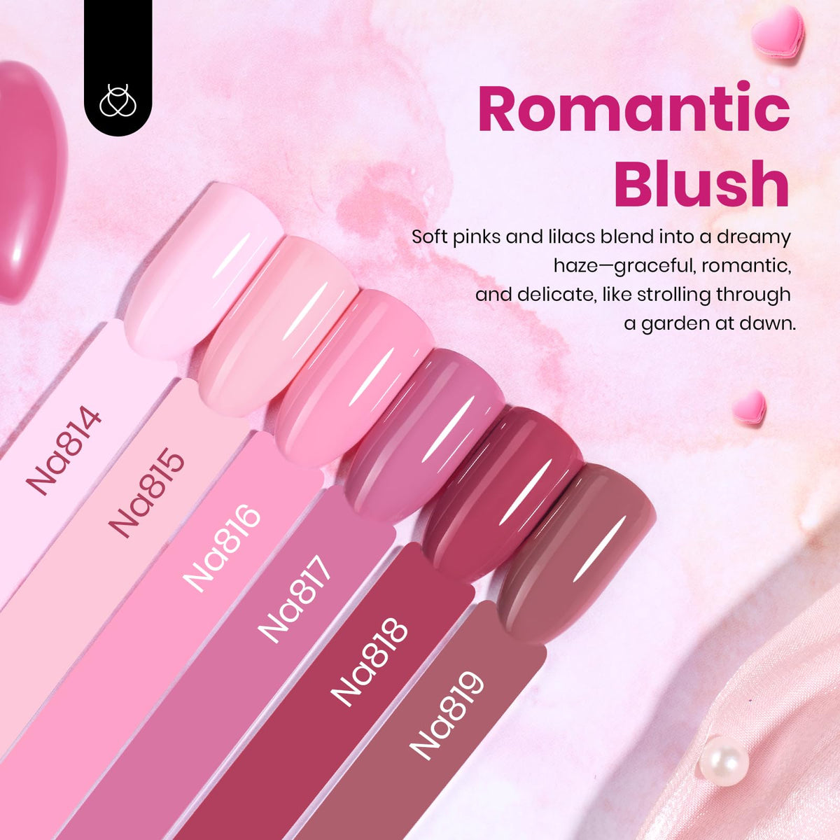 beetles close-up swatches of six Romantic Blush colors showing shade selection
