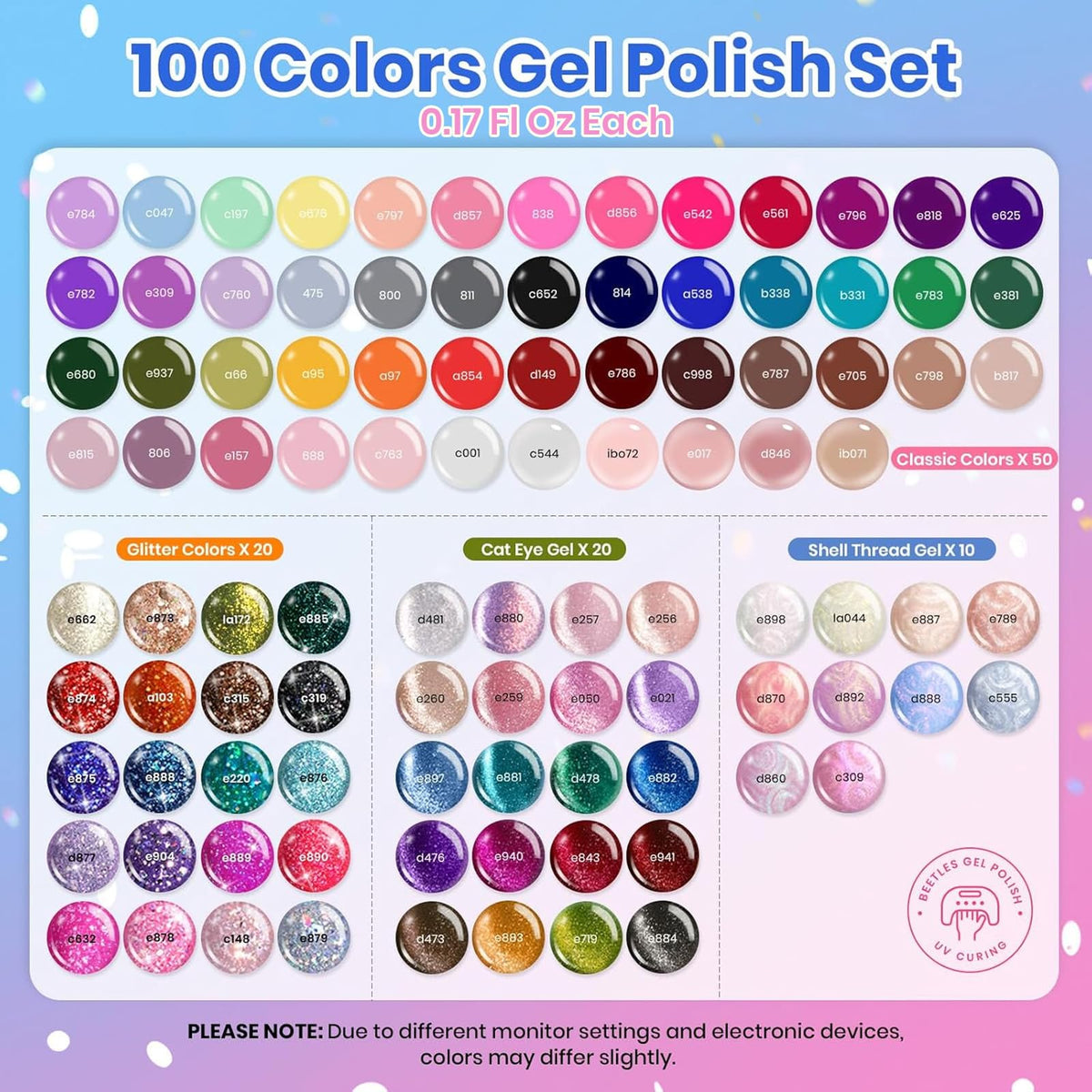 beetles color swatch display with 100 gel shades for quick selection and planning