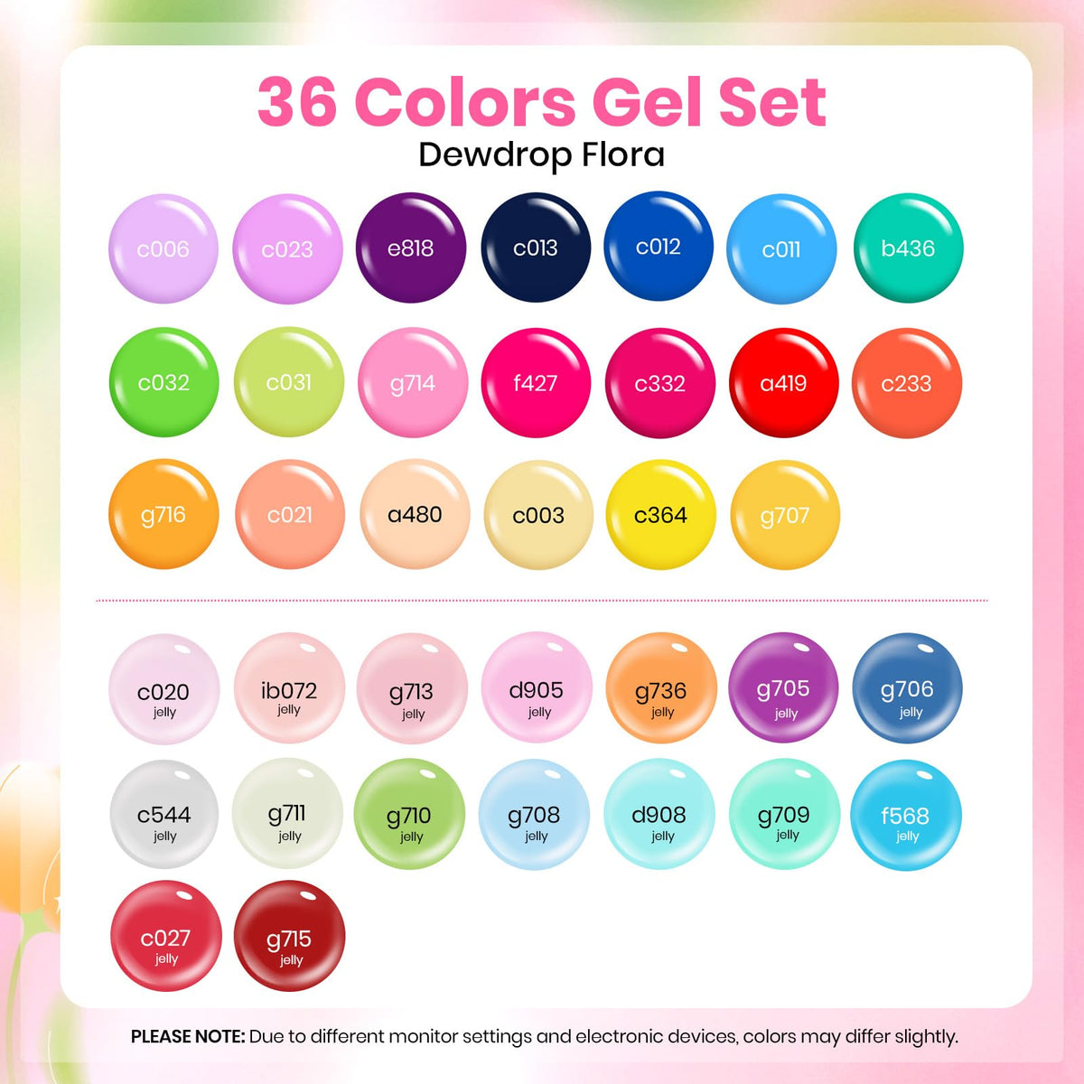 beetles color swatch fan showing 36 jelly shades for easy selection